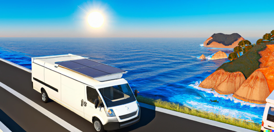 Ein Wohnmobil am Strand mit einer großen Solaranlage