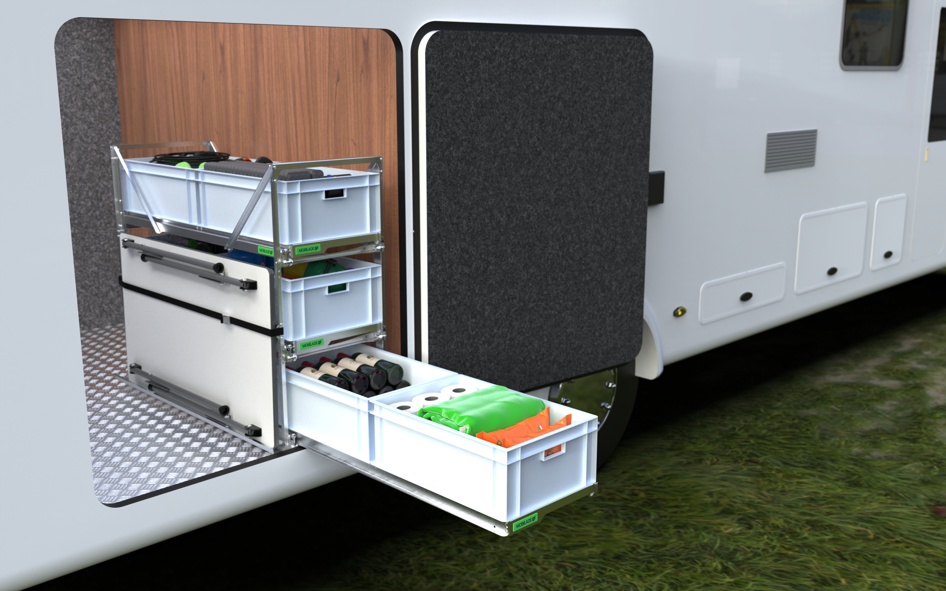 Regalsysteme fürs Wohnmobil sind praktisch. Noch besser sind aber Schubladensysteme. Gerade für die Heckgarage in diesem Wohnmobil ist die TRIO 120 ein super Zubehör.