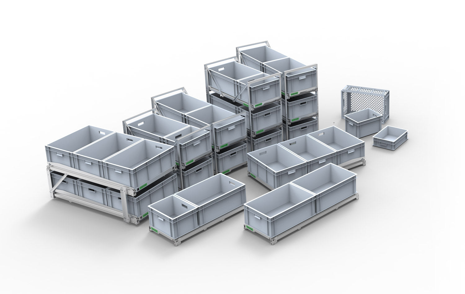 Verschiedene Regalsysteme für Wohnmobile mit ausziehbaren Schubladen.